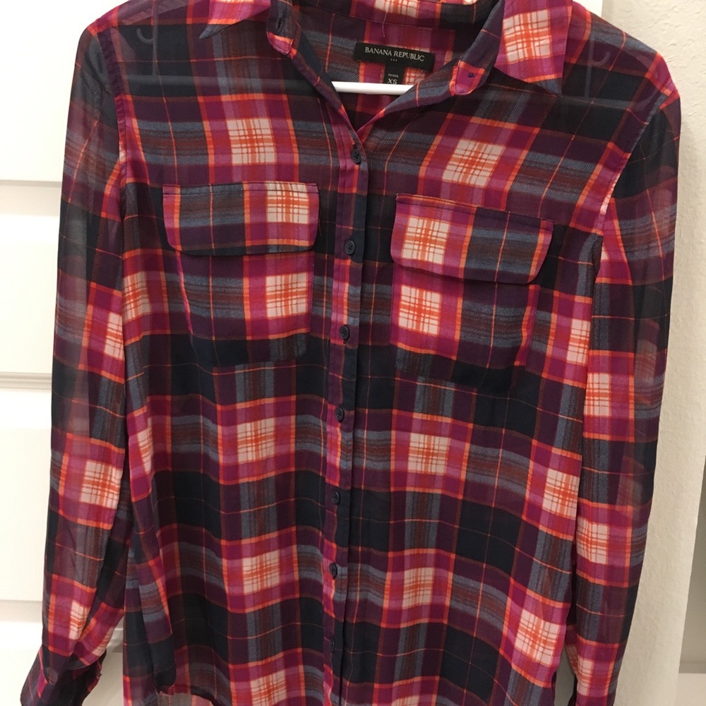 Banana Republic Sheer Plaid Print Collared Shirt